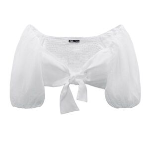 Zara White Tie Front Puffed Sailor Collar Crop Top